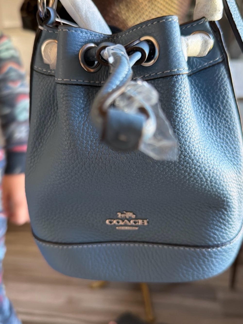 Coach Pebbled Leather Drawstring Crossbody in Slate Blue